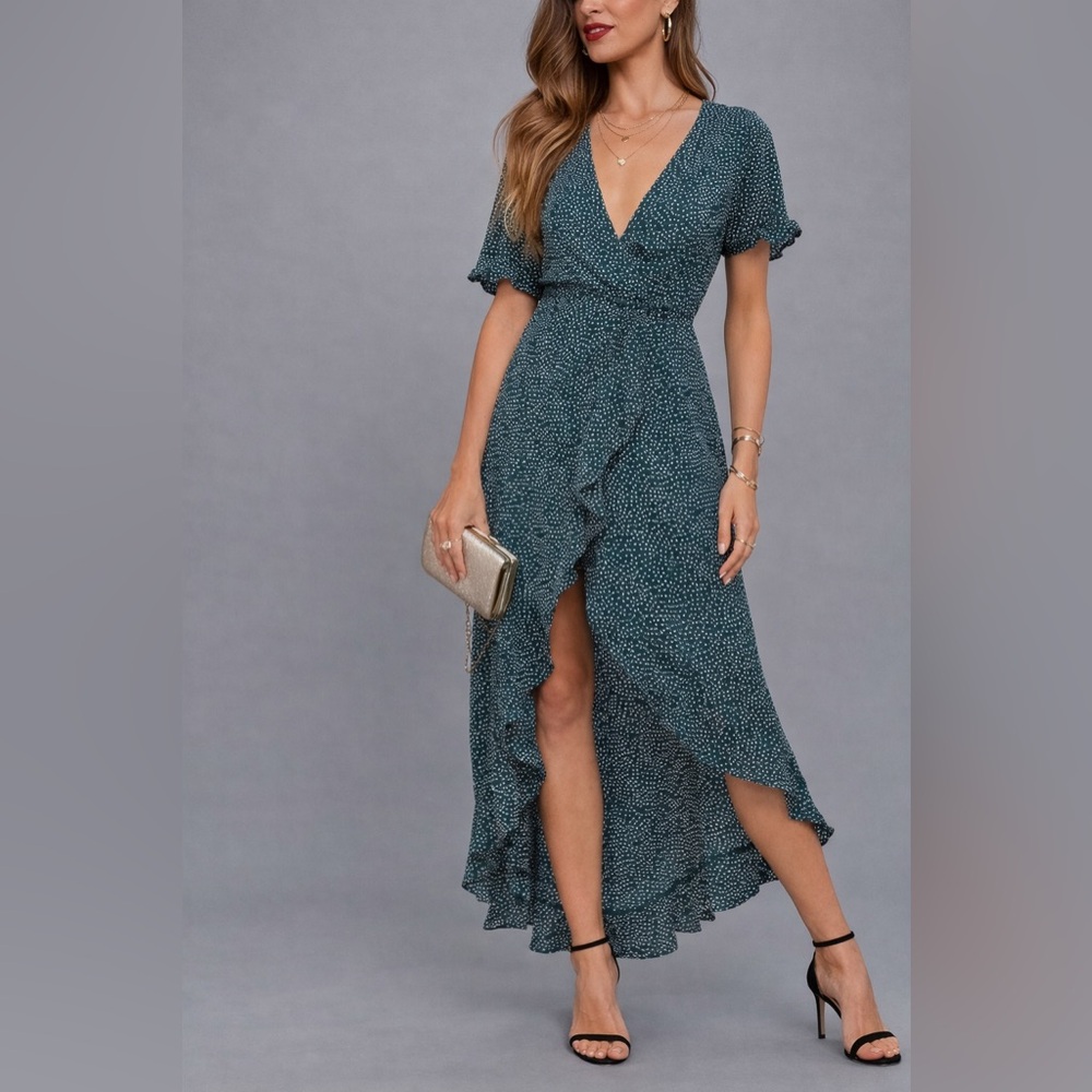 Lulus Mystified Forest Green Polka Dot High-Low Wrap Dress